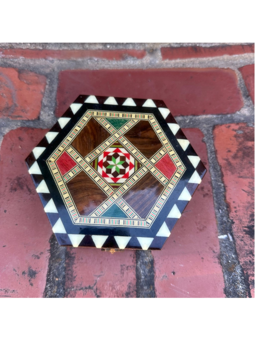 Vintage MCM Miguel Laguna Granada Spain Taracea Inlay Hexagon Wood Jewelry Box